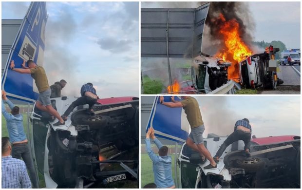VIDEO| Momentul când un tânăr șofer român e salvat din camionul incendiat, în Ungaria. Conducea de 24 de ore