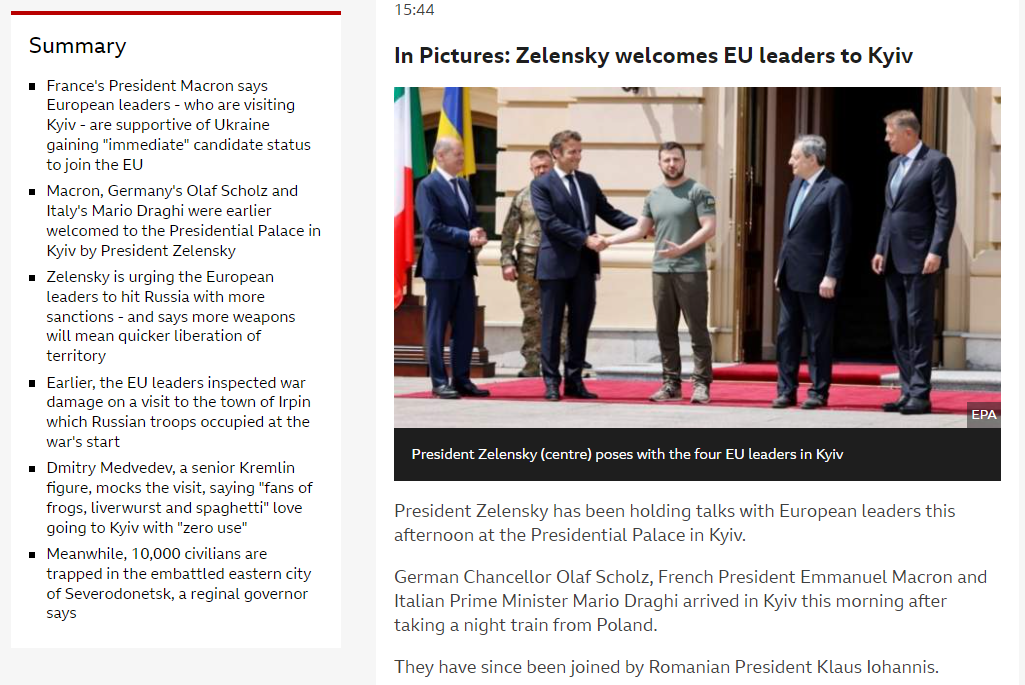 Vizita celor patru lideri europeni la Kiev, în presa internațională. Focus pe Macron, Scholz și Draghi, mai puțin pe Iohannis