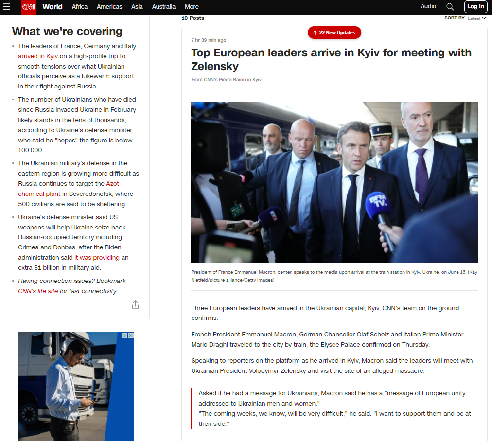 Vizita celor patru lideri europeni la Kiev, în presa internațională. Focus pe Macron, Scholz și Draghi, mai puțin pe Iohannis