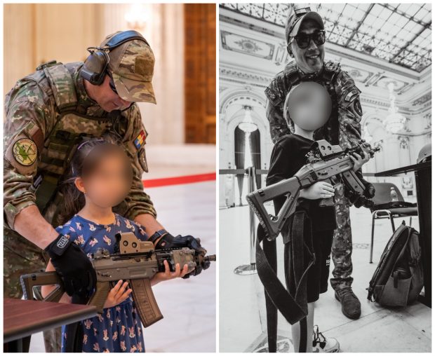 De Ziua Copilului, Forțele Aeriene Române s-au promovat punând arme Kalașnikov în mâinile fetițelor și băieților de 4-5 ani. Imagini de la Palatul Parlamentului