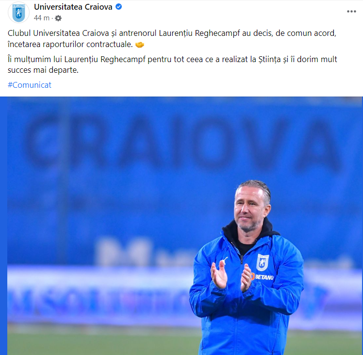 Laurențiu Reghecampf nu mai este antrenorul Universității Craiova. Anunțul făcut de clubul de fotbal