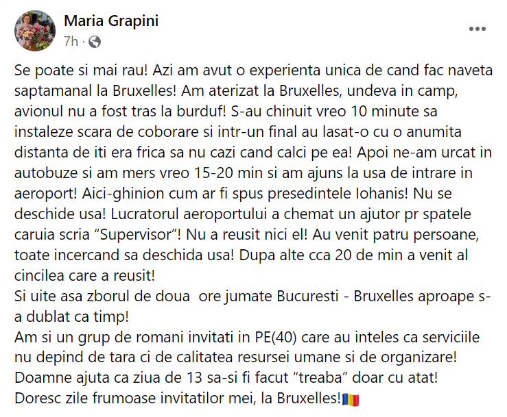 Maria Grapini susține că avionul cu care mergea la Bruxelles a aterizat "undeva în câmp": "Ghinion cum ar fi spus Iohannis!"