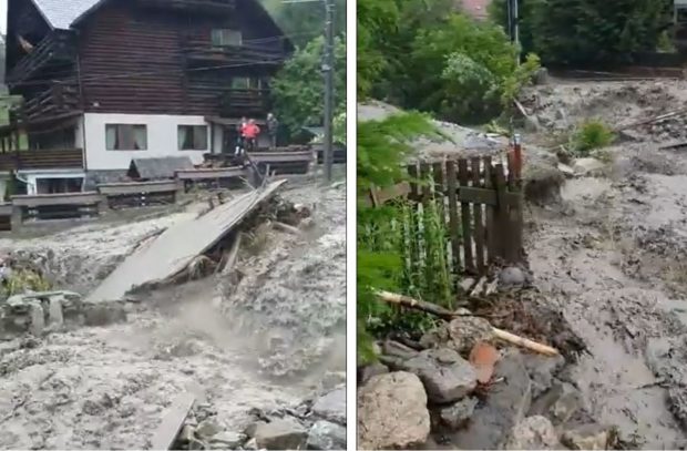 Inundații în comuna Moroeni din Dâmbovița. Apa a intrat în gospodării și a blocat drumul