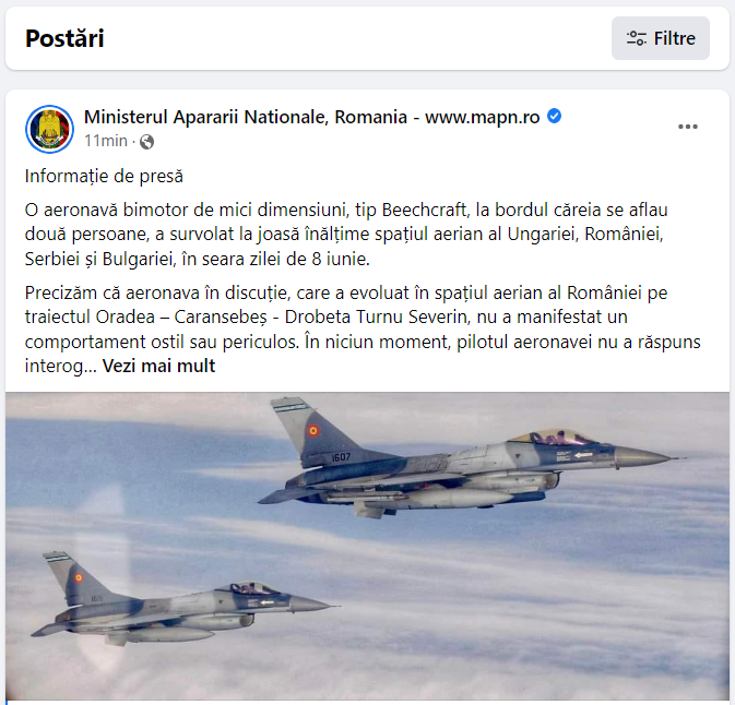 Avion de mici dimensiuni care a decolat din Ungaria, interceptat de două aeronave F 16 la Drobeta-Turnu Severin