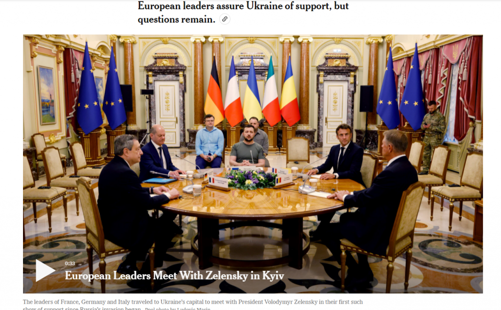Vizita celor patru lideri europeni la Kiev, în presa internațională. Focus pe Macron, Scholz și Draghi, mai puțin pe Iohannis