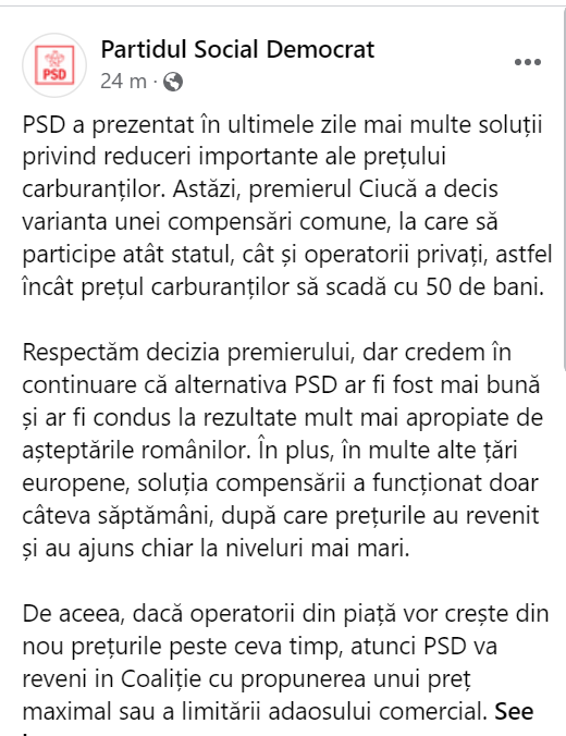 PSD critică planul anunțat de premierul Ciucă privind compensarea carburanților. Noi contre în coaliția de guvernare