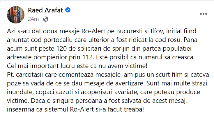 Arafat a explicat de ce s-au dat două mesaje Ro-Alert în Bucureşti: „Pentru cârcotași dacă o singură persoană a fost salvată de acest mesaj înseamnă că sistemul şi-a făcut treaba”