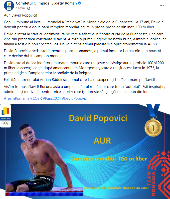 David Popovici, reușită istorică la 17 ani: medalie de aur la 100 liber, proba regină a natației