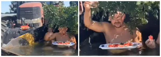 Doi fermieri din Argeş au transformat cuva excavatorului într-o piscină: „Am adus marea la noi” | VIDEO