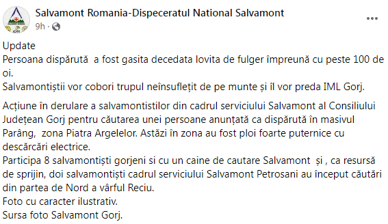 Cioban ucis de fulger, în Parâng. Au fost găsite moarte peste 100 de oi