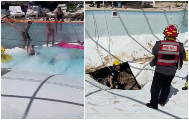 Momentul când se deschide un crater în piscină și vârtejul de apă înghite un om și îl ucide, la o petrecere cu 50 de invitați, în Israel
