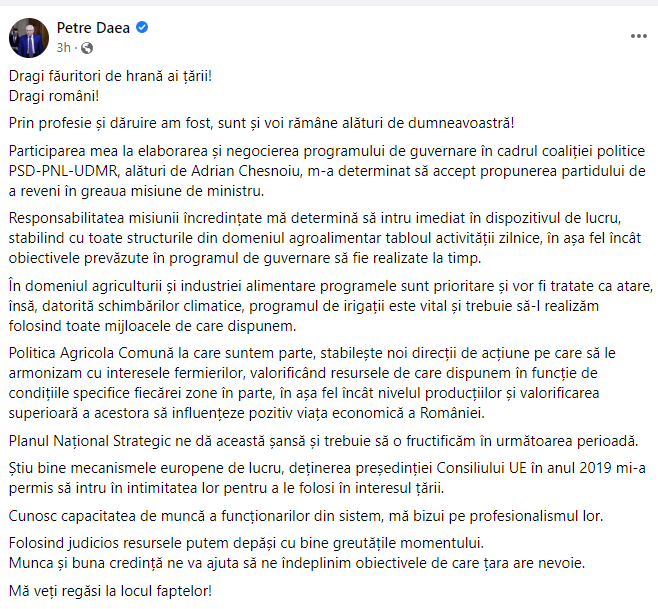Petre Daea, primul mesaj după ce a revenit în „greaua misiune de ministru”: „Mă veți regăsi la locul faptelor!”