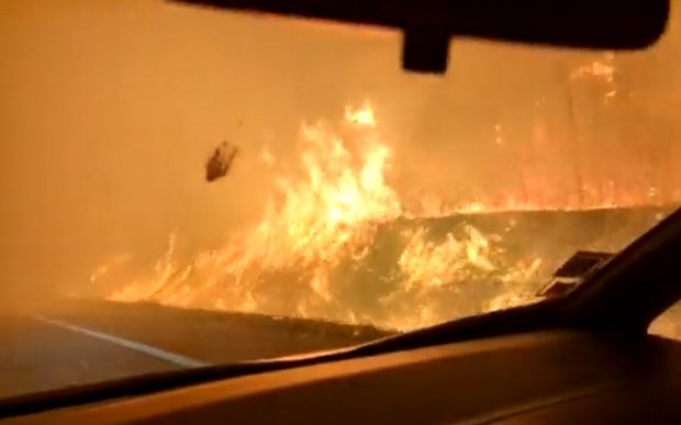 Imagini filmate în mijlocul flăcărilor de un șofer care trece printr-un uriaș incendiu de vegetație, în Portugalia