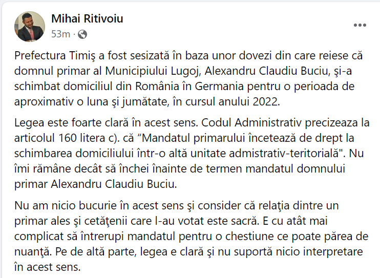 Primarul Lugojului, înlăturat din funcție pentru că și-a schimbat domiciliul timp de șase săptămâni. Ce spune prefectul