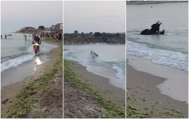 A căzut cu tot cu motocicletă într-o groapă de pe plajă, sub ochii a sute de turiști care priveau răsăritul, la Vama Veche | VIDEO