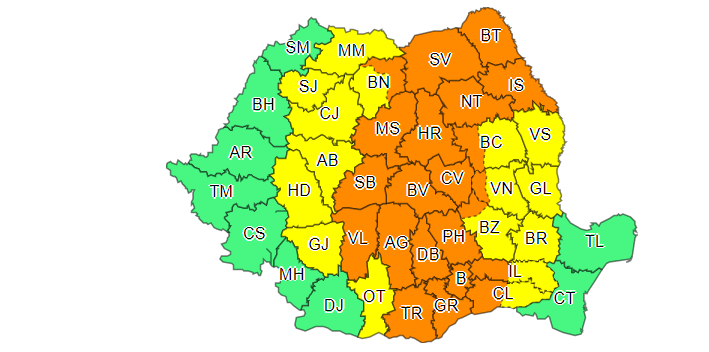 Cod portocaliu și cod galben de ploi torențiale și vijelii în aproape toată țara, până joi. Harta zonelor vizate