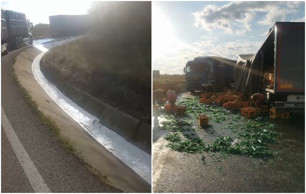 Mii de litri de bere curg pe șanțul de pe marginea drumului, în Olt, unde un camion a pierdut navetele pe drum | VIDEO