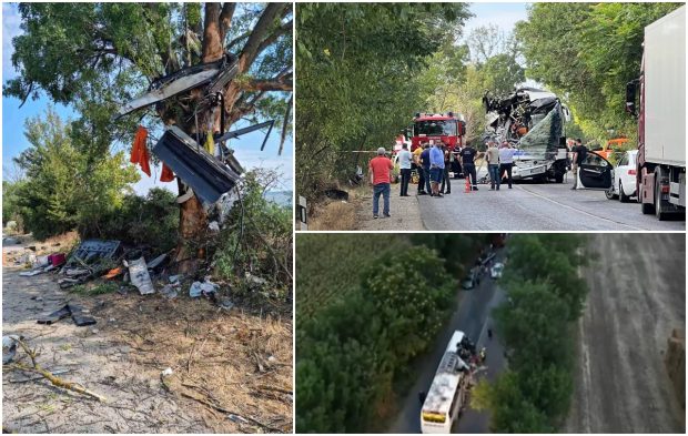 Imagini teribile cu autocarul românesc implicat în accident în Bulgaria. Bucăți din vehicul au rămas agățate de un copac