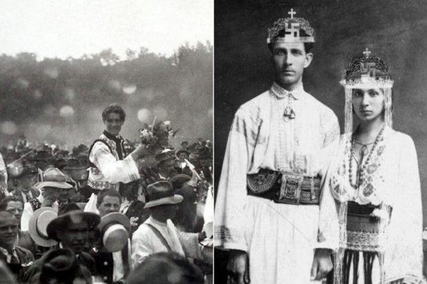 Nunta lui Corneliu Zelea Codreanu, comparată cu cea a șefului AUR, George Simion: nuntași în costume populare, pirostrii cu svastică și picnic în aer liber