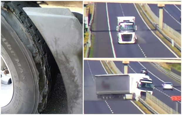 Momentul când explodează un cauciuc și camionul scapă de sub control, pe autostradă. Șofer român dat exemplu, în Ungaria | VIDEO