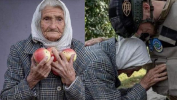 Imagini emoționante, cu bunica Paraska, supraviețuitoare a celui de-Al Doilea Război Mondial, care le oferă mere soldaților ucraineni care au eliberat teritoriul de ruși