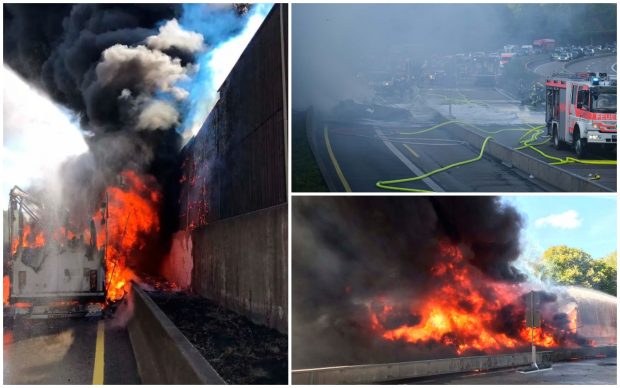 Un TIR cu cauciucuri uzate trimise în România, făcut scrum pe o autostradă din Germania. Șoferul român habar n-avea că arde remorca
