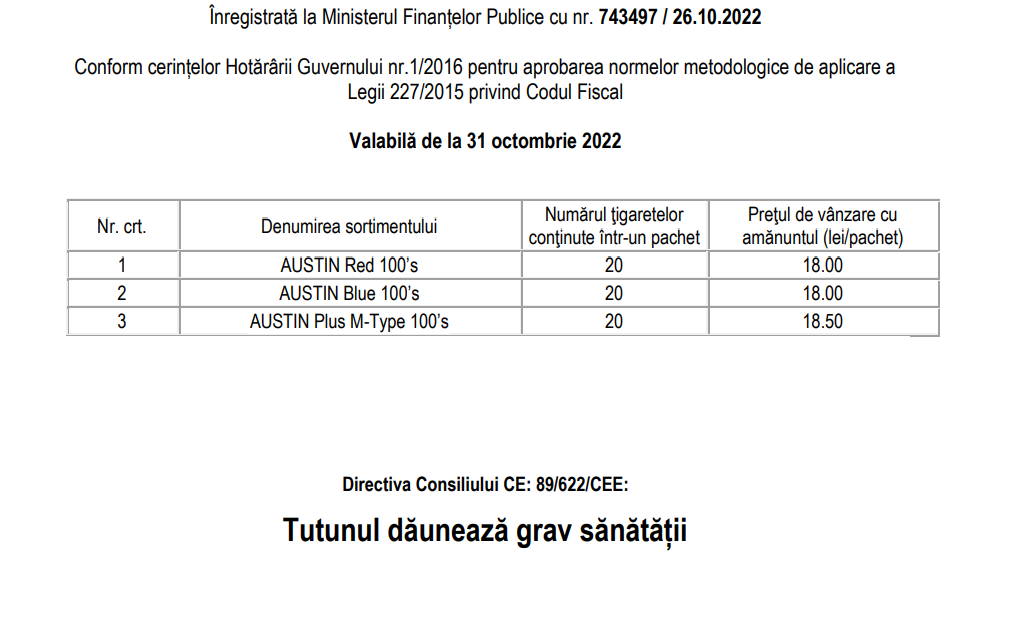 Lista preţurilor de vânzare cu amănuntul pe sortimente de ţigarete