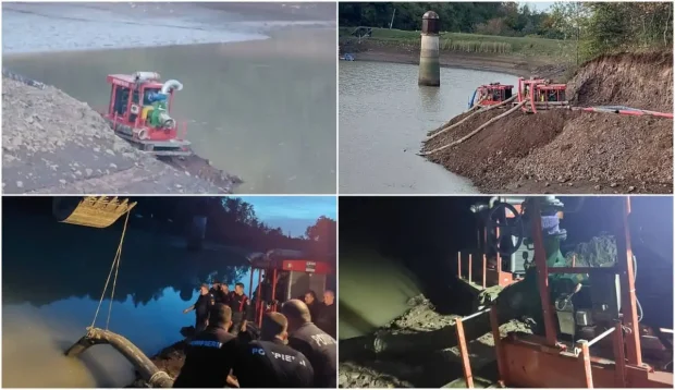 FOTO: Intervenția la barajul lacului Tăul Mare din Roșia Montană continuă. Cu cât a scăzut nivelul apei