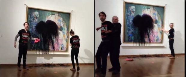 Activiştii de mediu au vandalizat un tablou de Gustav Klimt în Viena. Au stropit cu un lichid negru tabloul  |  VIDEO