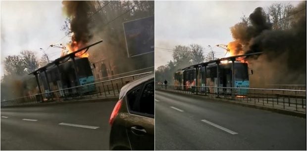 Un tramvai a luat foc la Eroii Revoluției. Sunt mari degajări de fum. Circulația este blocată. VIDEO