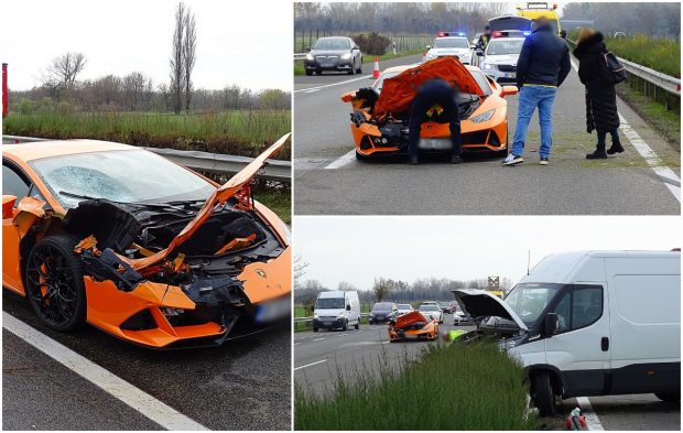 Lamborghini înmatriculat în România distrus pe o autostradă din Ungaria, într-o cursă ilegală cu mașini de lux