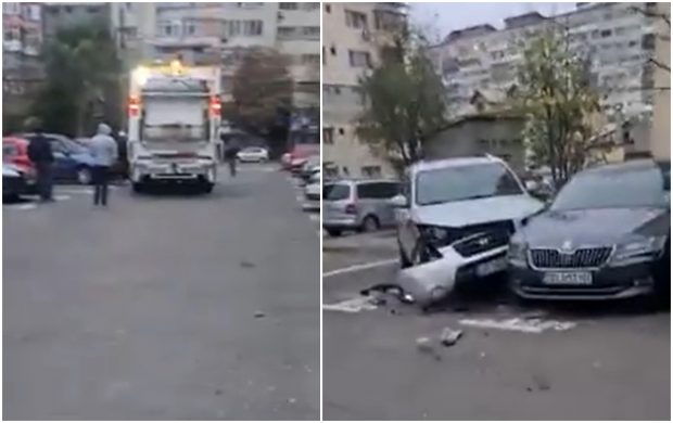 Șoferița de pe mașina de gunoi a lovit șape autoturisme parcate pe o stradă din Târgoviște | VIDEO