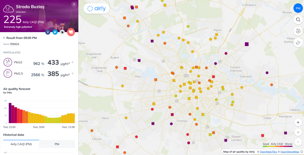 Poluare masivă în București, sâmbătă seară. Cel mai periculos indice a depășit chiar și de 25 de ori valorile normale, mai ales la periferie