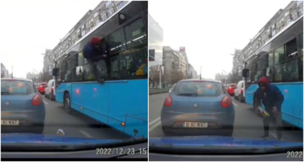 Momentul în care un bărbat sare pe geamul unui autobuz, în centrul Capitalei. Imagini surprinse de un șofer | VIDEO