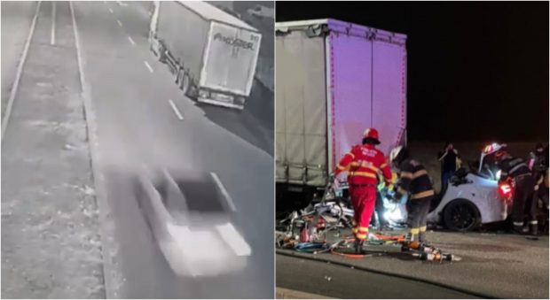 Imagini cu accidentul mortal din Sibiu, unde doi tineri și-au pierdut viața după ce mașina în care se aflau a intrat sub un TIR