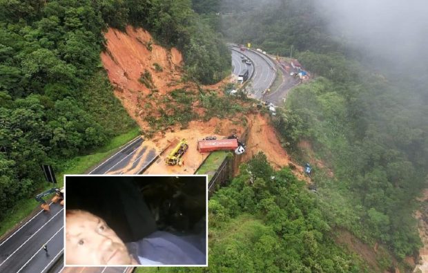 Un șofer de TIR s-a filmat îngrozit în cabina camionului îngropat sub tone de piatră și noroi, pe o autostradă din Brazilia