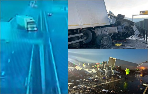 Momentul dramatic când explodează roata unui camion, pe A1, lângă Sibiu, a fost filmat. Șoferul nu a supraviețuit