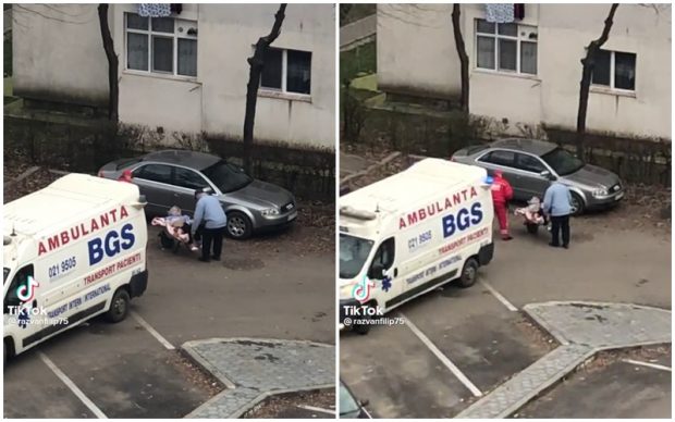 Pacientă din Iași, dusă cu roaba până la ambulanță, pentru că targa era defectă | VIDEO