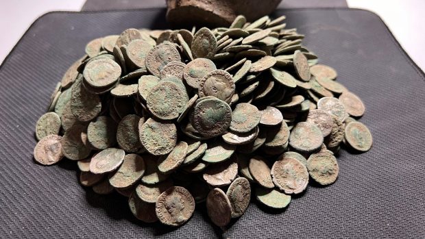 Tezaur cu 800 de monede romane, descoperit pe un teren agricol din Alba