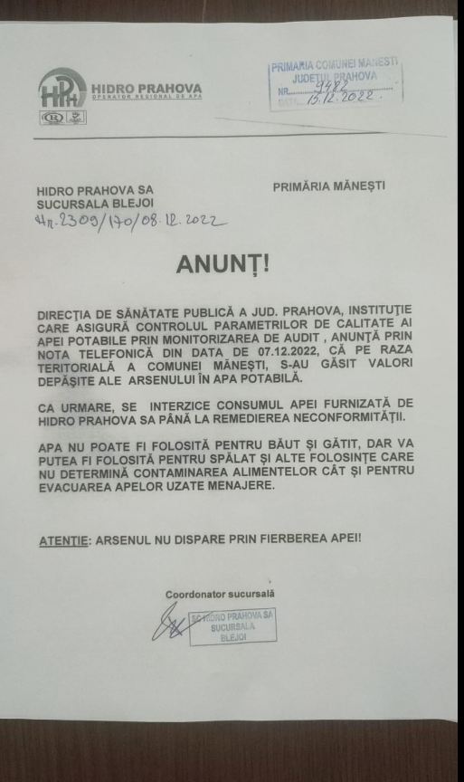 Apă contaminată cu arsenic într-o localitate prahoveană, localnicii, informați după o săptămână. „Până acum lumea a făcut mâncare, a băut apă”