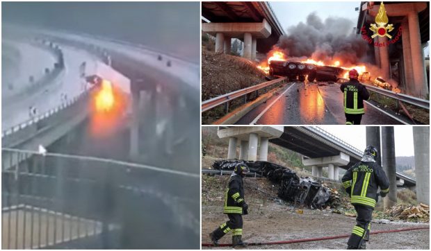 Momentul în care un camion explodează, când cade de pe un viaduct, a fost filmat. Șoferul a murit, pe o autostradă din Italia