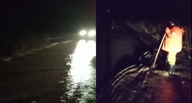 Circulație oprită pe un drum din Harghita, după ce un pârâu a inundat carosabilul. Pe alte drumuri din zonă a fost semnalat polei | VIDEO