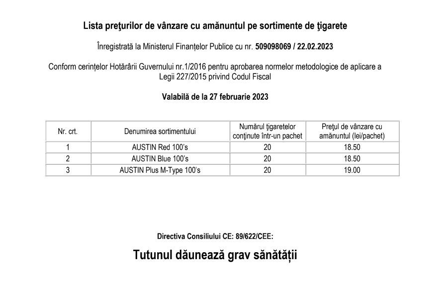 Lista preţurilor de vânzare cu amănuntul pe sortimente de ţigarete