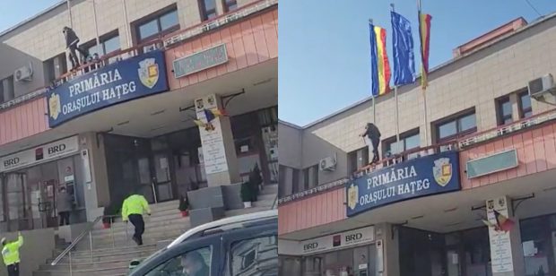 Incident la Primăria Hațeg, unde un bărbat a spart geamurile cu toporul. Era nervos că nu primise o locuință | VIDEO