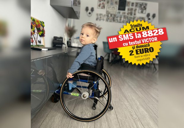 Un tratament genetic adus din SUA îl poate salva pe Victor. Copilul bolnav de amiotrofie spinală musculară și dependent de scaunul cu rotile are nevoie de 2.100.000 de dolari