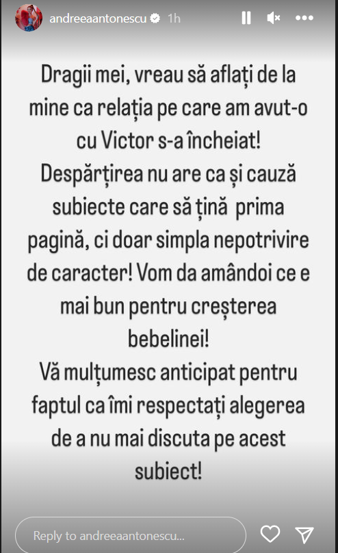 Andreea Antonescu și Victor Vrînceanu, tatăl fetiței sale, s-au despărțit. Artista a făcut public motivul. „Vreau să aflați de la mine”