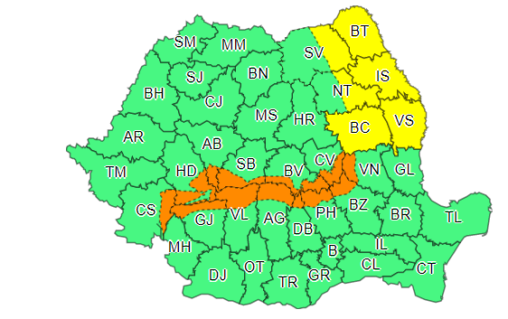 Noi alerte meteo de vreme rea: Cod portocaliu și cod galben de vânt puternic în toată țara, ninsori și viscol la munte