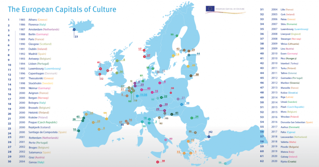 Ce înseamnă că un oraş este capitală culturală europeană - Imegine cu harta europei pe care au fost semnalizate oraşele desemnate capitale culturale europene de-a lungul timpului