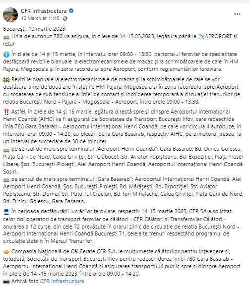 Trenul Gara de Nord - Aeroport nu va circula în zilele de marți și miercuri. Care sunt alternativele