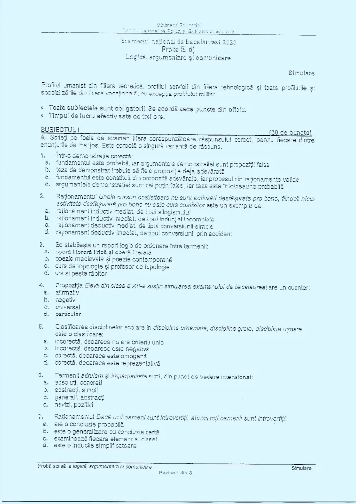 Subiecte logică simulare Bacalaureat 2023. Ce au avut elevii de rezolvat